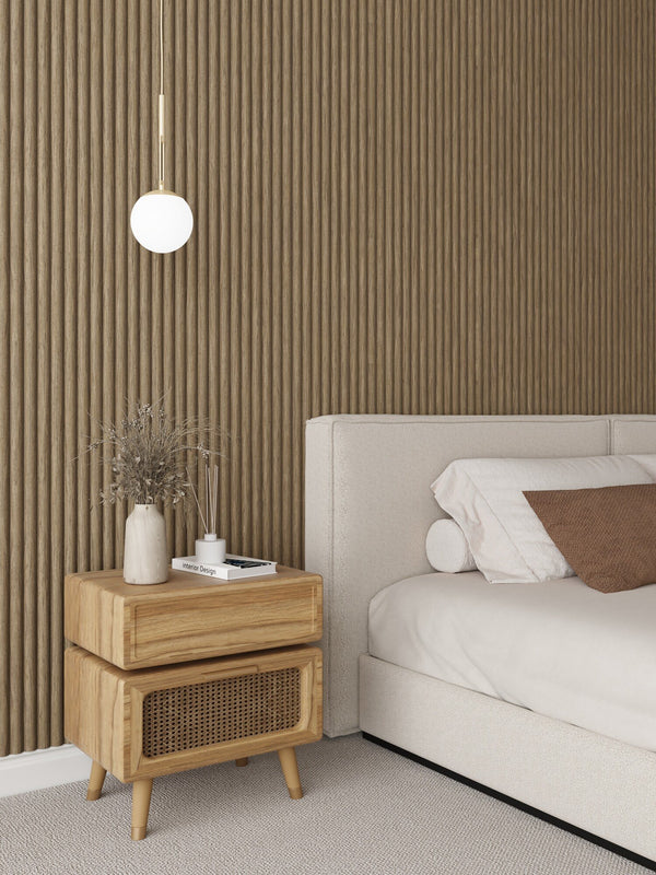 Akoestische Wand Panelen Lattenwand Met Vilt Ronde Latten - Walnoot Eiken 270 Cm × 60 Cm