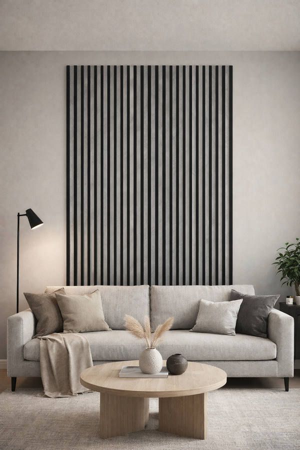 Akoestische Wandpaneel (Latten wanden) | 60x280 cm | Beton Look Donker Grijs| 25 mm Latten