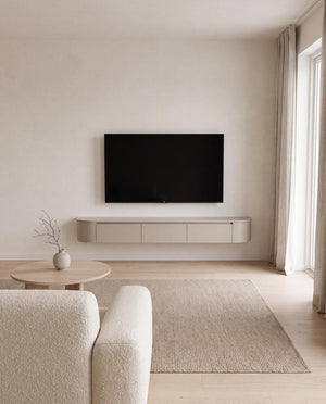 Japandi Tv Meubel Beige Mat Curved | Met Geïntegreerde Ledverlichting | Inclusief Ophang Systeem.