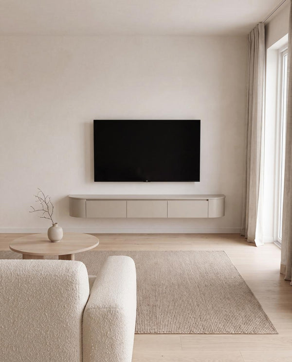 Japandi Tv Meubel Beige Mat Curved | Met Geïntegreerde Ledverlichting | Inclusief Ophang Systeem.