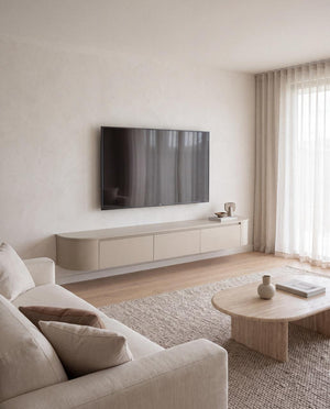 Japandi Tv Meubel Beige Mat Curved | Met Geïntegreerde Ledverlichting | Inclusief Ophang Systeem.