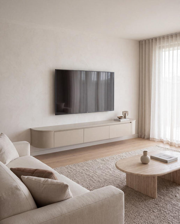 Japandi Tv Meubel Beige Mat Curved | Met Geïntegreerde Ledverlichting | Inclusief Ophang Systeem.