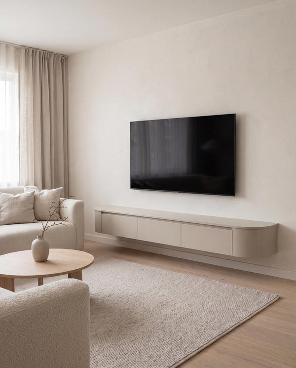 Japandi Tv Meubel Beige Mat Curved | Met Geïntegreerde Ledverlichting | Inclusief Ophang Systeem.