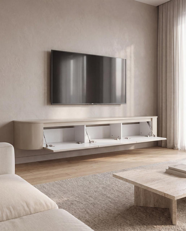 Japandi Tv Meubel Beige Mat Curved | Met Geïntegreerde Ledverlichting | Inclusief Ophang Systeem.