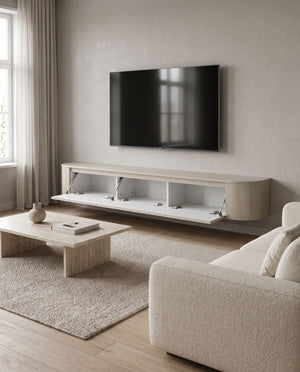 Japandi Tv Meubel Beige Mat Curved | Met Geïntegreerde Ledverlichting | Inclusief Ophang Systeem.
