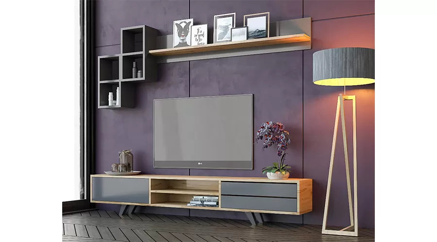 Buse Luxe TV Meubel – 180 cm – Walnoot/Antraciet – Massief Eiken Fronten – 180x40x45 cm