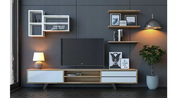 Ece Luxe TV Meubel – 180 cm – Walnoot/Wit – Massief Eiken Fronten – 180x40x45 cm