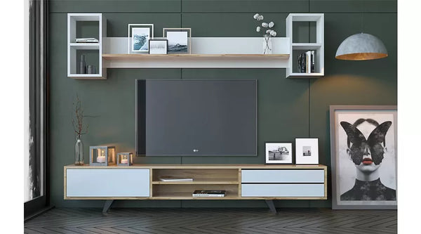 Elif Luxus-TV-Ständer – 180 cm – Walnuss/Weiß – Fronten aus massiver Eiche – 180 x 40 x 45 cm