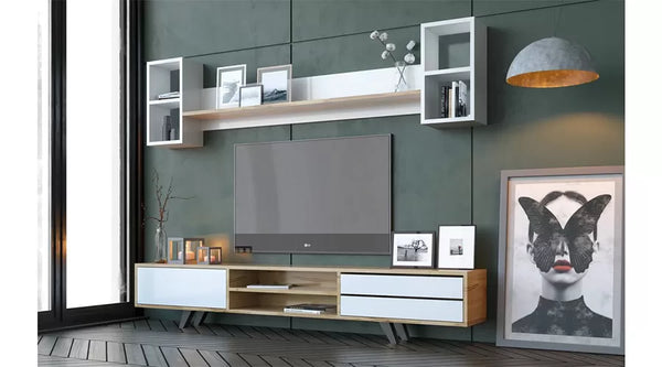 Elif Luxus-TV-Ständer – 180 cm – Walnuss/Weiß – Fronten aus massiver Eiche – 180 x 40 x 45 cm