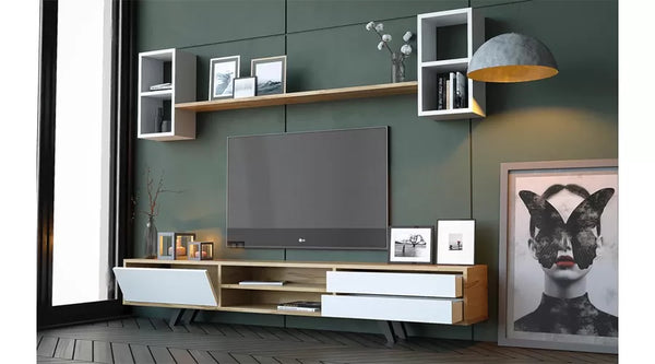 Elif Luxus-TV-Ständer – 180 cm – Walnuss/Weiß – Fronten aus massiver Eiche – 180 x 40 x 45 cm