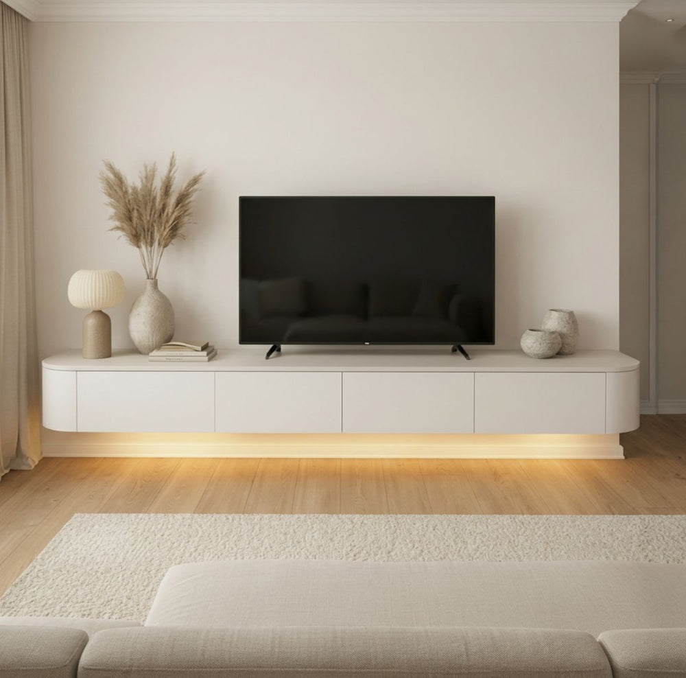 Japandi Tv Meubel Wit  Curved|Met Geïntegreerde Ledverlichting|Inclusief Ophang Systeem|Voor Gemonteerd.
