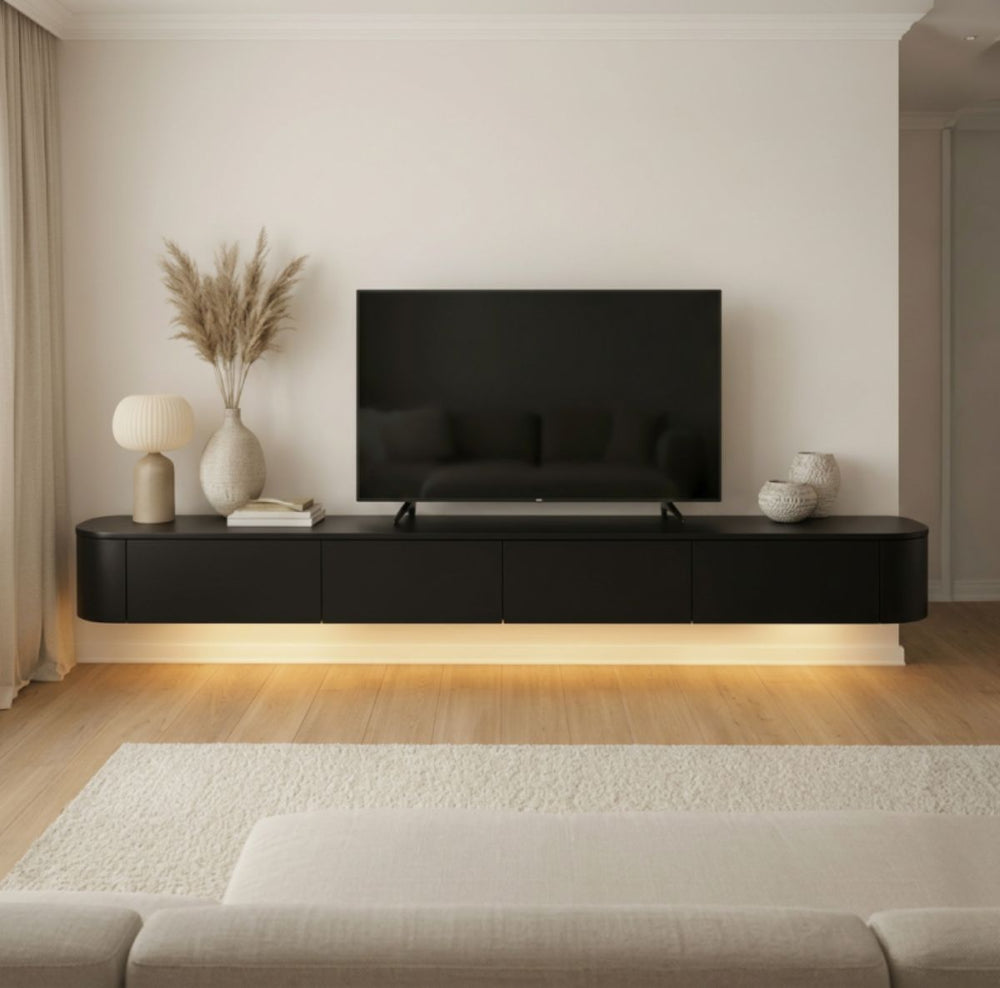 Japandi Tv Meubel Zwart  Curved|Met Geïntegreerde Ledverlichting|Inclusief Ophang Systeem|Voor Gemonteerd.