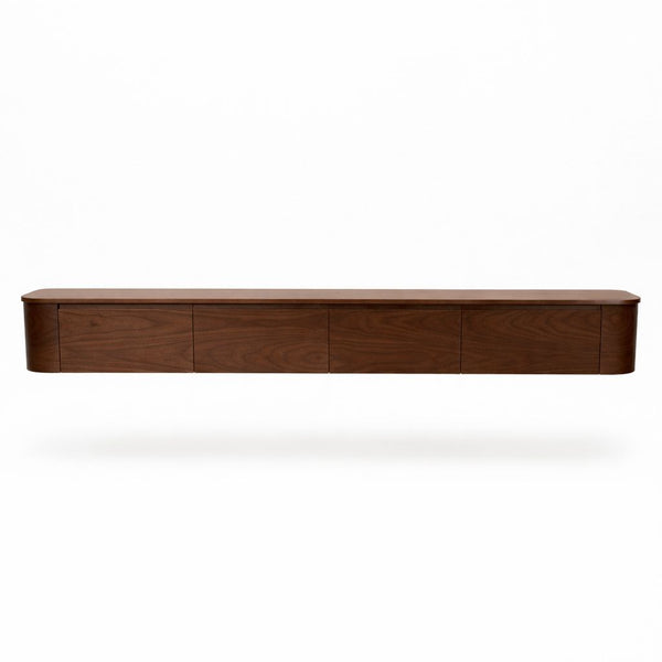 Japandi TV Meubel Walnoot – Floating Curved Cabinet – Volledig Gemonteerd