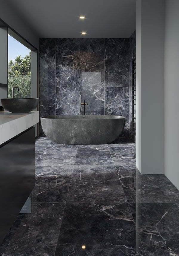 QUA Granite | Melrose Dark Hoogglans Natuursteenlook 60x120 Vloertegel / Wandtegel