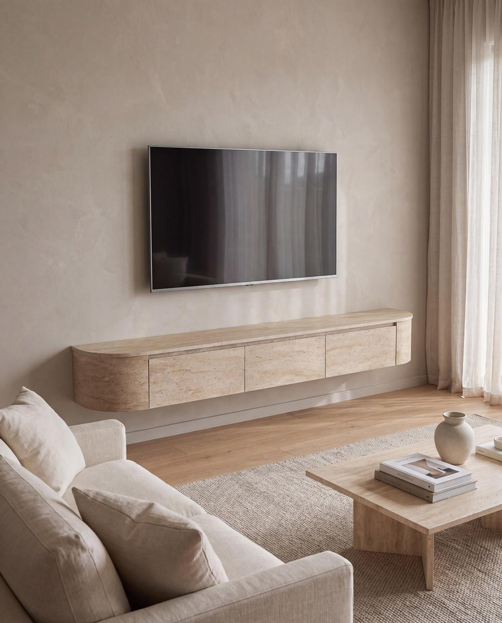 Japandi Tv Meubel Travertin  Curved | Met Geïntegreerde Ledverlichting | Inclusief Ophang Systeem | Voor Gemonteerd.