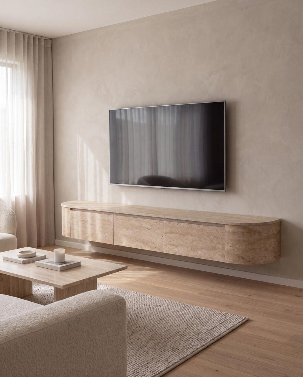 Japandi Tv Meubel Travertin  Curved | Met Geïntegreerde Ledverlichting | Inclusief Ophang Systeem | Voor Gemonteerd.