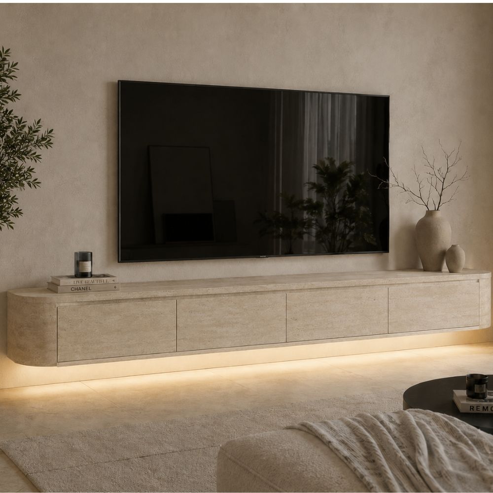 Voorbestellen Nieuw Japandi Tv Meubel Travertin - Curved Met Ledverlichting - Gebogen Zijkant
