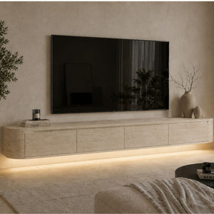 Voorbestellen Nieuw Japandi Tv Meubel Travertin - Curved Met Ledverlichting - Gebogen Zijkant