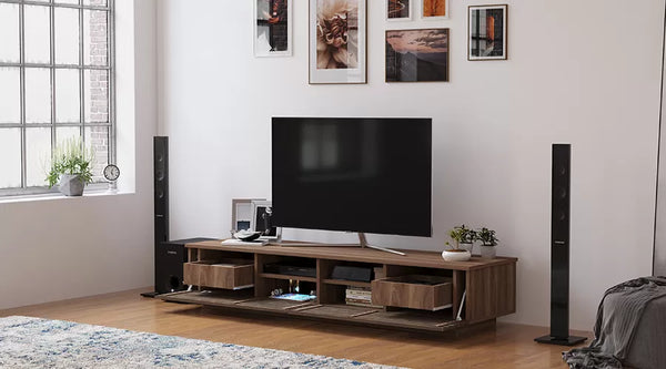 Prestij Wood TV Meubel – 180 cm – Walnoot – Massief Eiken Fronten – 180x40x35 cm