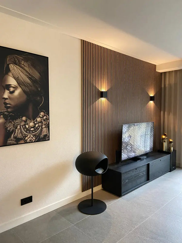 29€ Akoestische WandPanelen Walnoot Lattenwand Met zwarte Vilt 270x60 cm