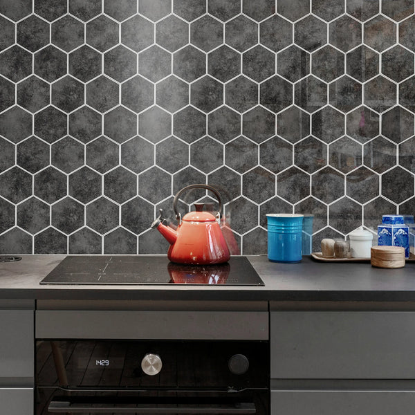 Zelfklevende tegel / plaktegel | Antraciet marble hexagon | 292x254x3.3mm