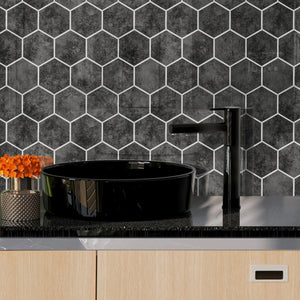 Zelfklevende tegel / plaktegel | Antraciet marble hexagon | 292x254x3.3mm