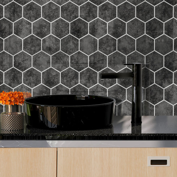 Zelfklevende tegel / plaktegel | Antraciet marble hexagon | 292x254x3.3mm
