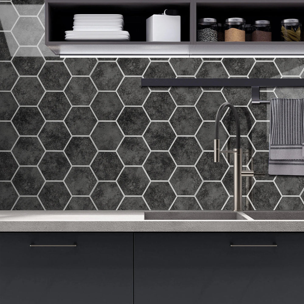Zelfklevende tegel / plaktegel | Antraciet marble hexagon | 292x254x3.3mm