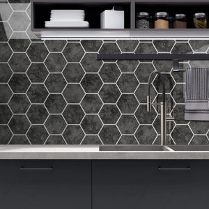 Zelfklevende tegel / plaktegel | Antraciet marble hexagon | 292x254x3.3mm