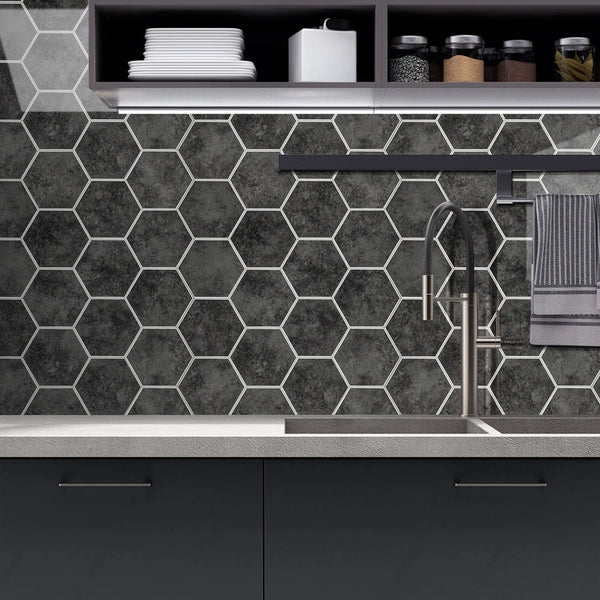 Zelfklevende tegel / plaktegel | Antraciet marble hexagon | 292x254x3.3mm