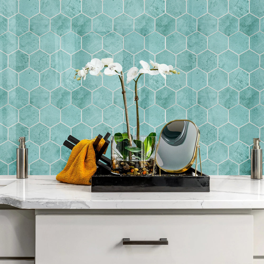 Zelfklevende tegel / plaktegel | Blue baltic hexagon | 292x254x3.3mm