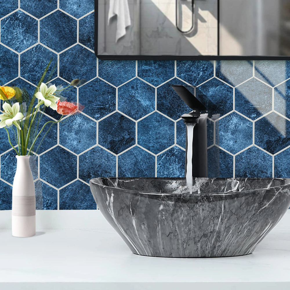 Zelfklevende tegel / plaktegel | Blue marble hexagon | 292x254x3.3mm