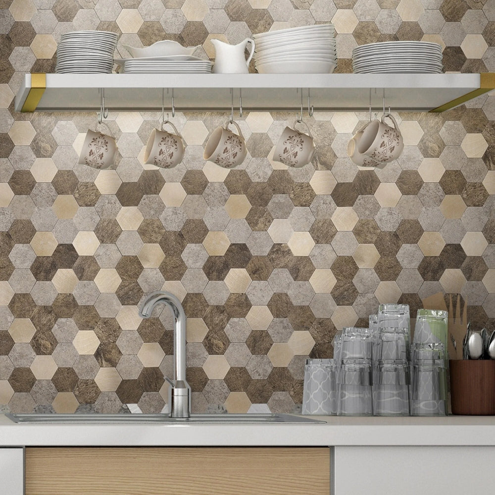 Zelfklevende tegel / plaktegel | Bruin koper mix hexagon | 288x280x4mm
