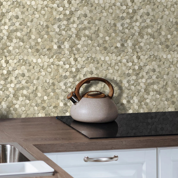 Zelfklevende tegel | Geborsteld goud hexagon | 308x298x4mm