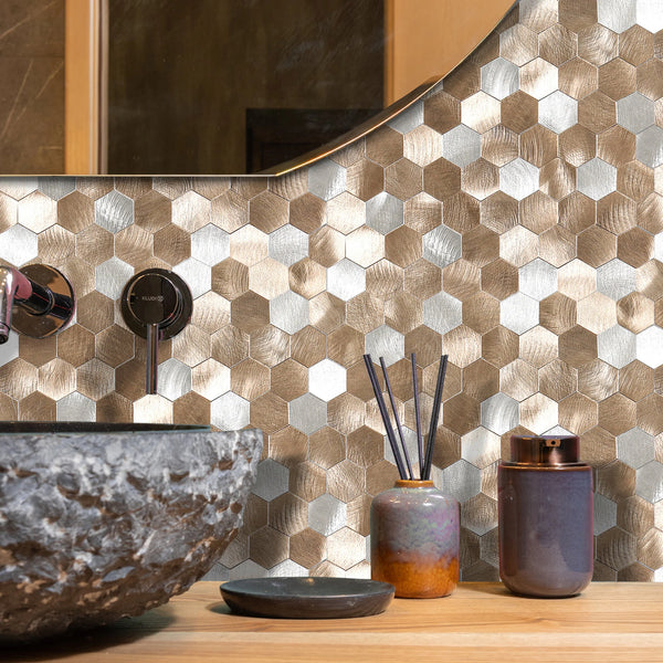Zelfklevende tegel / plaktegel | Geborsteld zilver brons mix hexagon | 291x286x4mm