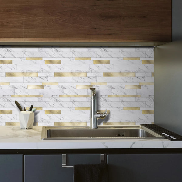 Zelfklevende tegel | Wit goud marmerlook wildverband | 303x298x4mm