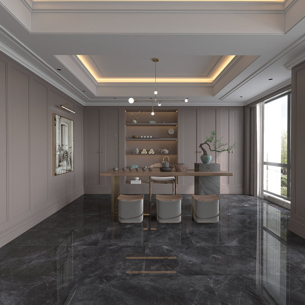 QUA Granite | Pulpis Nero Hoogglans Natuursteenlook 60x120 Vloertegel / Wandtegel