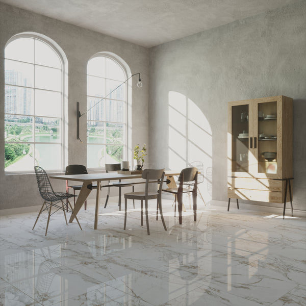 QUA Granite | Creme Blanc Hoogglans Marmerlook 60x120 Vloertegel / Wandtegel
