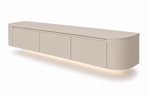 Japandi TV-Ständer mit LED-Beleuchtung – aus echtem MDF, nicht aus Spanplatte – mit abgerundeten Seiten. Wir haben ihn für Sie montiert.