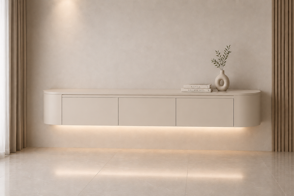 Japandi TV-Ständer mit LED-Beleuchtung – aus echtem MDF, nicht aus Spanplatte – mit abgerundeten Seiten. Wir haben ihn für Sie montiert.