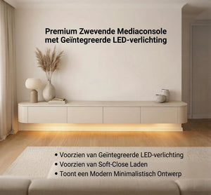 Japandi TV-Ständer mit LED-Beleuchtung – aus echtem MDF, nicht aus Spanplatte – mit abgerundeten Seiten. Wir haben ihn für Sie montiert.