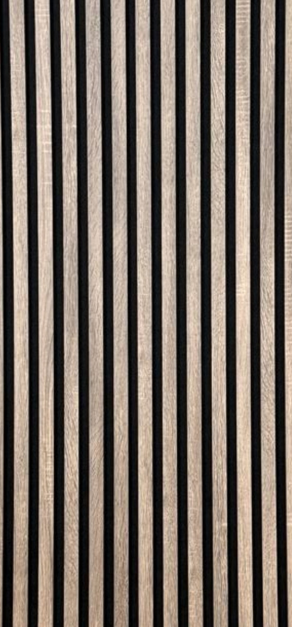 Lamellenwand, graues Nussbaumholz (Taupe) | 289 x 60 x 18 mm | Akustikwandpaneel mit Filz