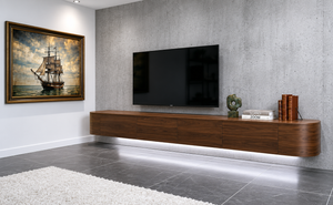 Japandi TV Meubel Walnoot – Floating Curved Cabinet – Volledig Gemonteerd