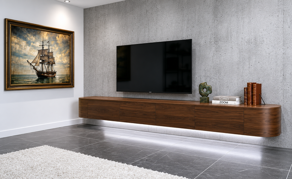 Japandi TV Meubel Walnoot – Floating Curved Cabinet – Volledig Gemonteerd