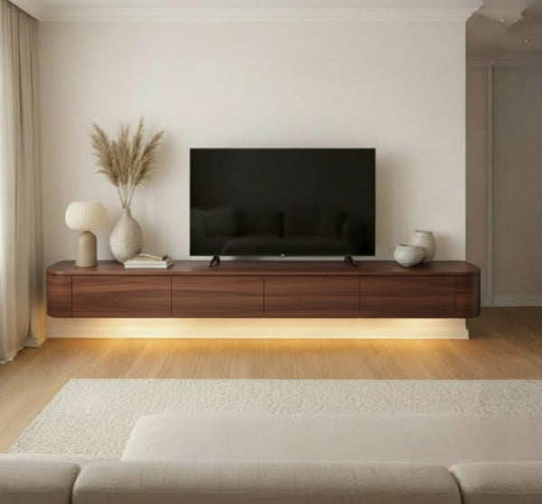 Japandi TV Meubel Walnoot – Floating Curved Cabinet – Volledig Gemonteerd