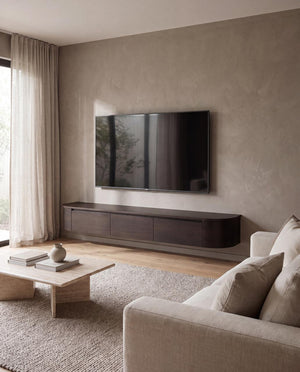 Japandi Tv Meubel Walnoot  Curved|Met Geïntegreerde Ledverlichting|Inclusief Ophang Systeem|Voor Gemonteerd.