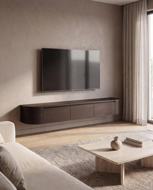 Japandi Tv Meubel Walnoot  Curved|Met Geïntegreerde Ledverlichting|Inclusief Ophang Systeem|Voor Gemonteerd.