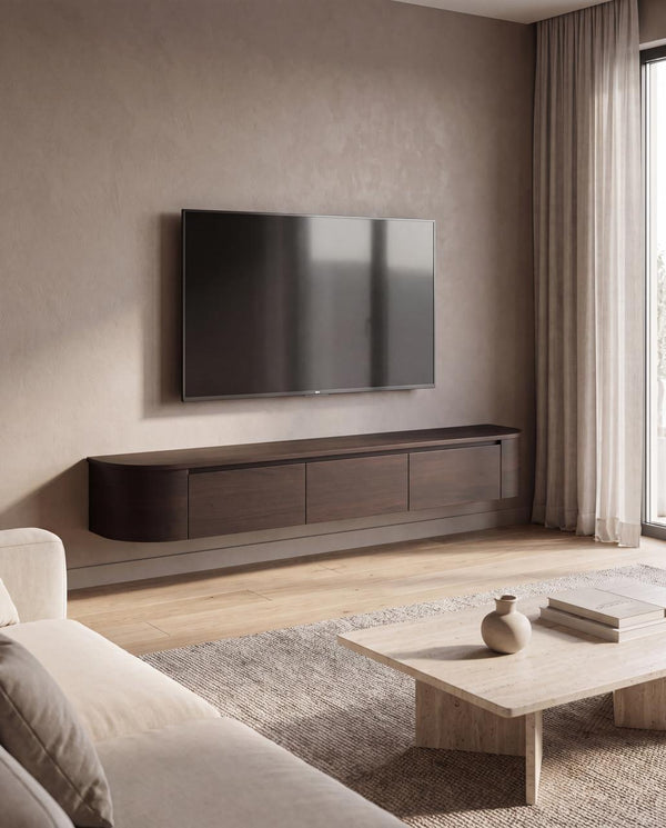 Japandi Tv Meubel Walnoot  Curved|Met Geïntegreerde Ledverlichting|Inclusief Ophang Systeem|Voor Gemonteerd.