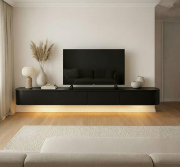 Japandi Tv Meubel Zwart - Curved Met Ledverlichting - Gebogen Zijkant